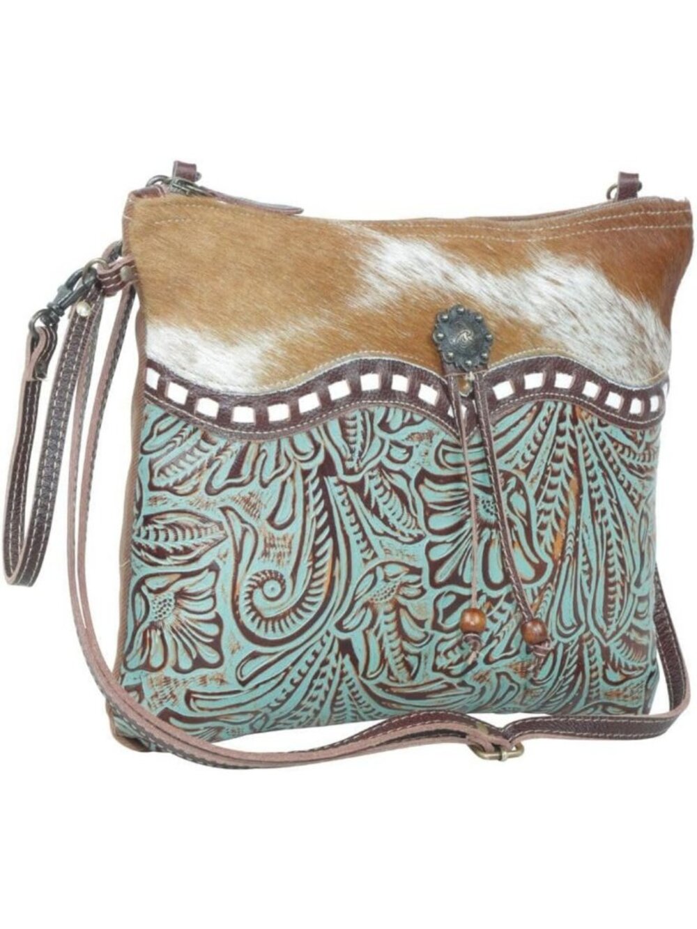 Stylish Cowhide Cowgirl Purse with Leather Strap & Paisley Pattern - Western Bag - Picture 3 of 7
